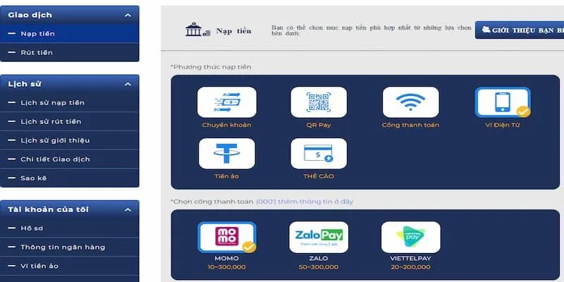 Thành viên Bong88 có thể thực hiện giao dịch nạp tiền vào tài khoản và rút tiền từ tài khoản của mình một cách dễ dàng. Có rất nhiều phương thức thanh toán khác nhau được Bong88 cung cấp để các thành viên linh hoạt trong việc nạp và rút tiền. Truy cập vào tài khoản để thực hiện giao dịch tại bon88